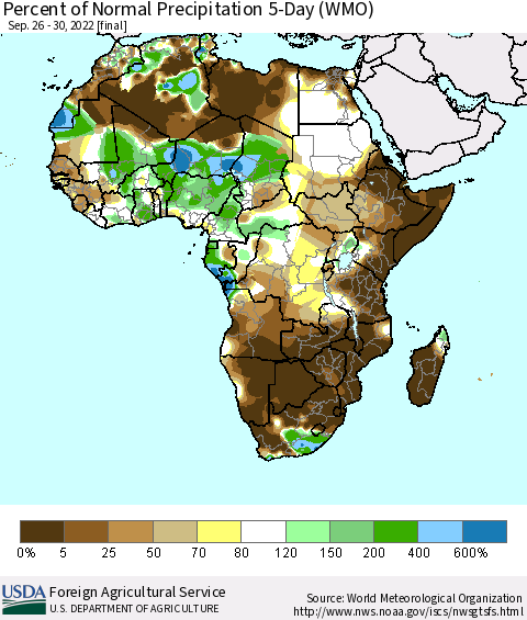 Africa Percent of Normal Precipitation 5-Day (WMO) Thematic Map For 9/26/2022 - 9/30/2022