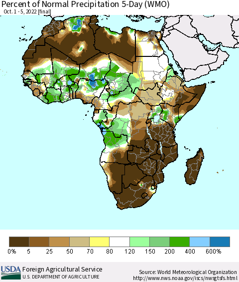 Africa Percent of Normal Precipitation 5-Day (WMO) Thematic Map For 10/1/2022 - 10/5/2022