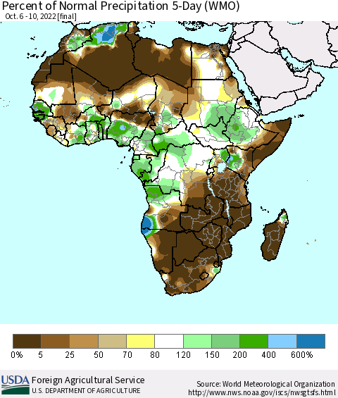 Africa Percent of Normal Precipitation 5-Day (WMO) Thematic Map For 10/6/2022 - 10/10/2022