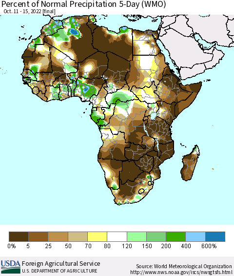 Africa Percent of Normal Precipitation 5-Day (WMO) Thematic Map For 10/11/2022 - 10/15/2022