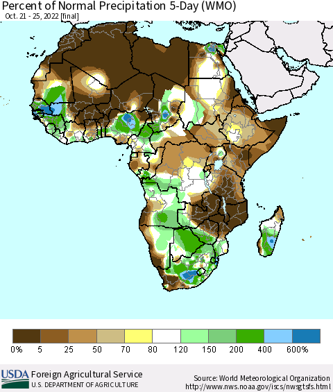 Africa Percent of Normal Precipitation 5-Day (WMO) Thematic Map For 10/21/2022 - 10/25/2022
