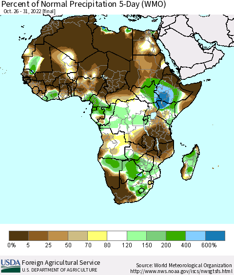Africa Percent of Normal Precipitation 5-Day (WMO) Thematic Map For 10/26/2022 - 10/31/2022