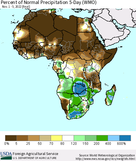 Africa Percent of Normal Precipitation 5-Day (WMO) Thematic Map For 11/1/2022 - 11/5/2022