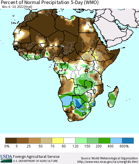 Africa Percent of Normal Precipitation 5-Day (WMO) Thematic Map For 11/6/2022 - 11/10/2022