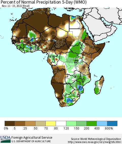 Africa Percent of Normal Precipitation 5-Day (WMO) Thematic Map For 11/11/2022 - 11/15/2022