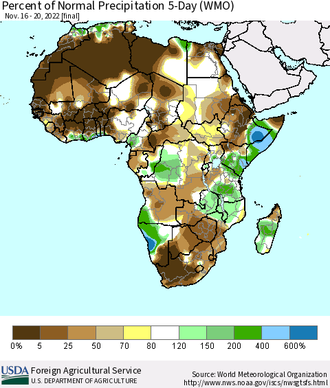 Africa Percent of Normal Precipitation 5-Day (WMO) Thematic Map For 11/16/2022 - 11/20/2022