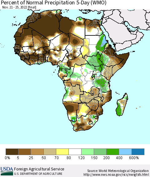 Africa Percent of Normal Precipitation 5-Day (WMO) Thematic Map For 11/21/2022 - 11/25/2022