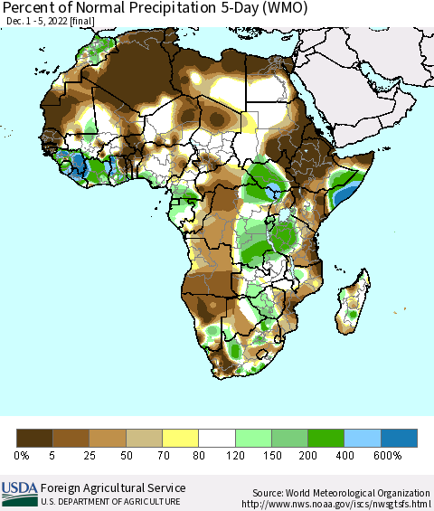 Africa Percent of Normal Precipitation 5-Day (WMO) Thematic Map For 12/1/2022 - 12/5/2022