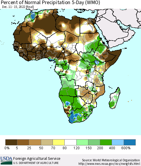 Africa Percent of Normal Precipitation 5-Day (WMO) Thematic Map For 12/11/2022 - 12/15/2022