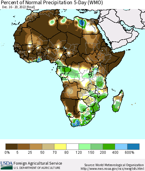 Africa Percent of Normal Precipitation 5-Day (WMO) Thematic Map For 12/16/2022 - 12/20/2022