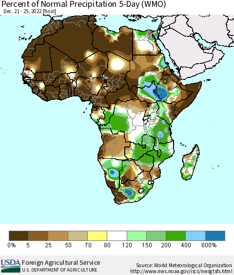 Africa Percent of Normal Precipitation 5-Day (WMO) Thematic Map For 12/21/2022 - 12/25/2022