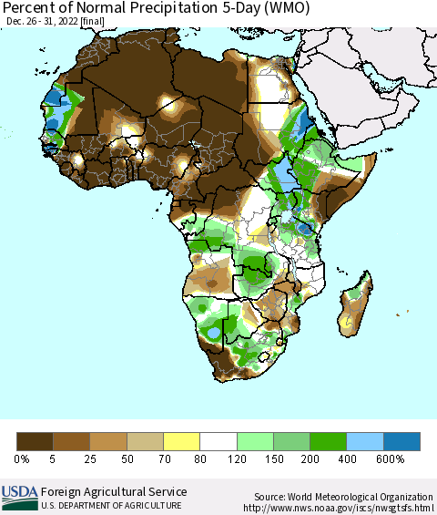 Africa Percent of Normal Precipitation 5-Day (WMO) Thematic Map For 12/26/2022 - 12/31/2022