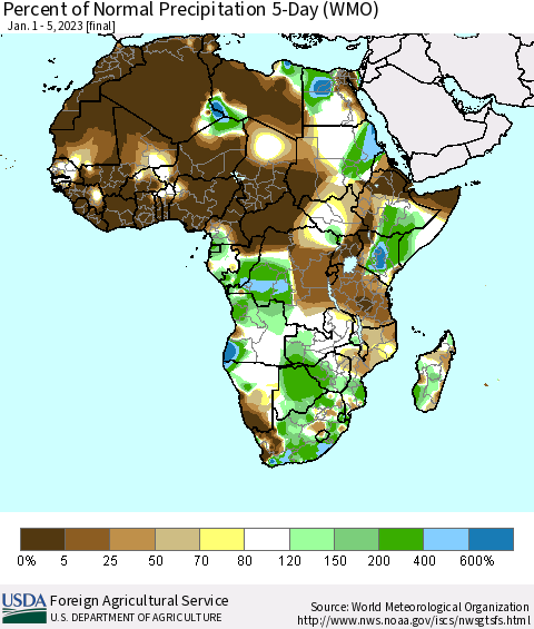 Africa Percent of Normal Precipitation 5-Day (WMO) Thematic Map For 1/1/2023 - 1/5/2023