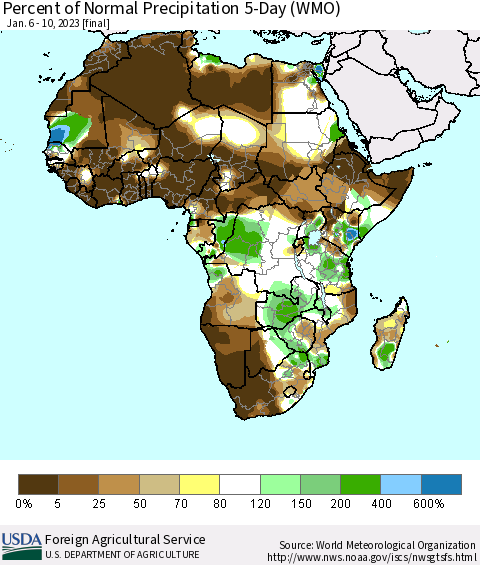 Africa Percent of Normal Precipitation 5-Day (WMO) Thematic Map For 1/6/2023 - 1/10/2023
