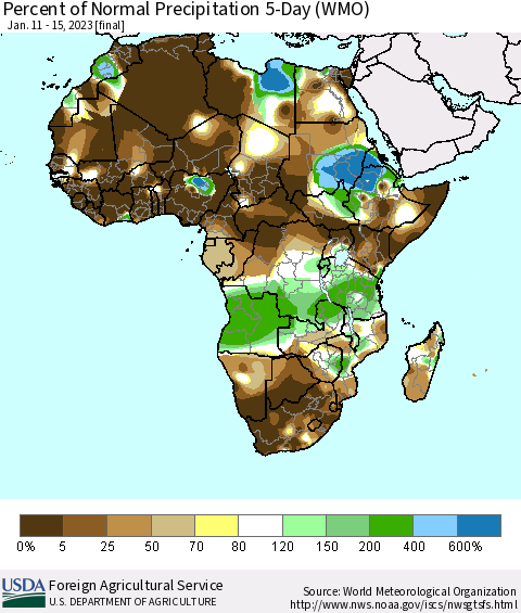 Africa Percent of Normal Precipitation 5-Day (WMO) Thematic Map For 1/11/2023 - 1/15/2023