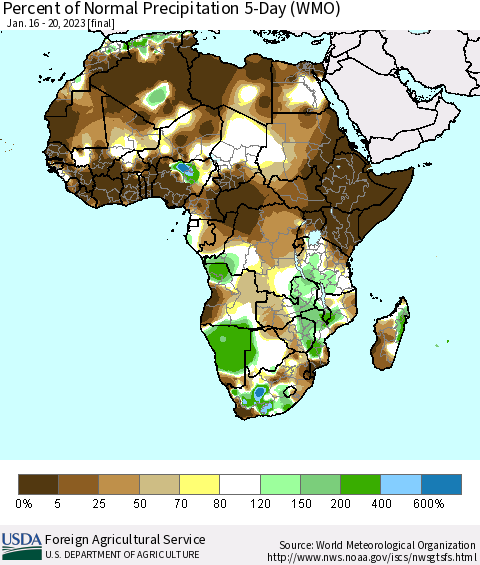 Africa Percent of Normal Precipitation 5-Day (WMO) Thematic Map For 1/16/2023 - 1/20/2023
