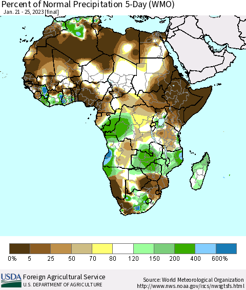 Africa Percent of Normal Precipitation 5-Day (WMO) Thematic Map For 1/21/2023 - 1/25/2023