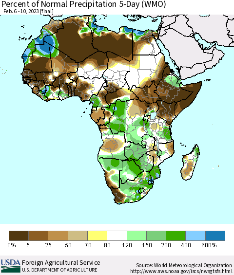 Africa Percent of Normal Precipitation 5-Day (WMO) Thematic Map For 2/6/2023 - 2/10/2023