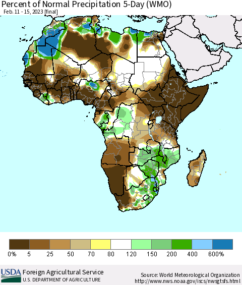 Africa Percent of Normal Precipitation 5-Day (WMO) Thematic Map For 2/11/2023 - 2/15/2023