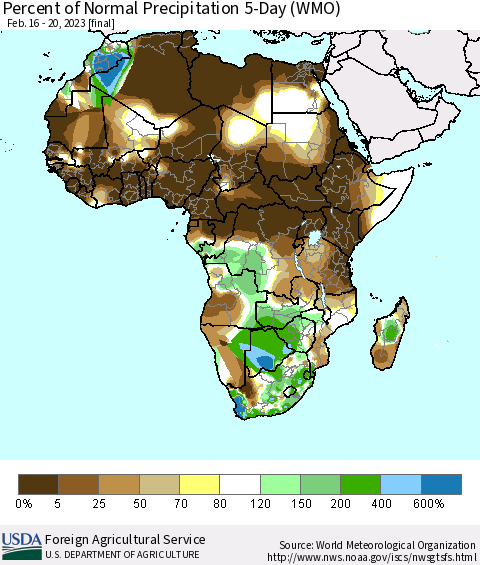Africa Percent of Normal Precipitation 5-Day (WMO) Thematic Map For 2/16/2023 - 2/20/2023