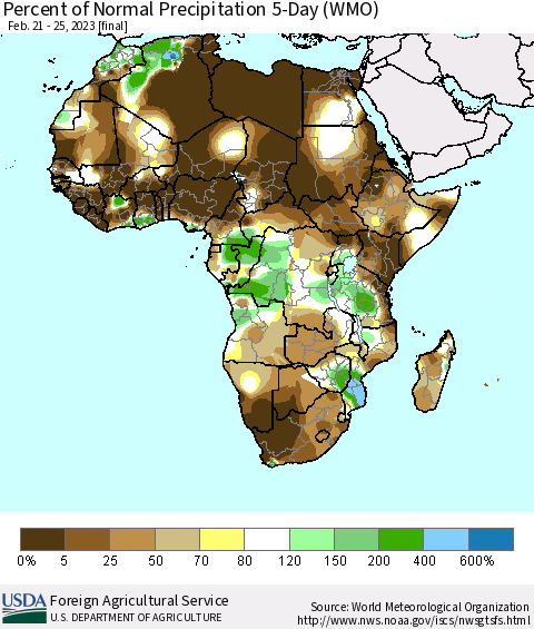 Africa Percent of Normal Precipitation 5-Day (WMO) Thematic Map For 2/21/2023 - 2/25/2023
