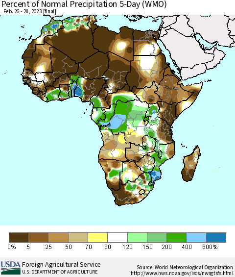 Africa Percent of Normal Precipitation 5-Day (WMO) Thematic Map For 2/26/2023 - 2/28/2023