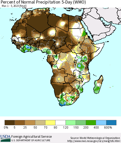 Africa Percent of Normal Precipitation 5-Day (WMO) Thematic Map For 3/1/2023 - 3/5/2023
