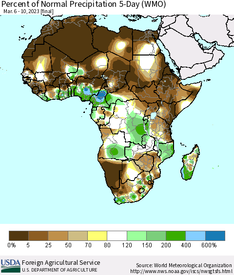 Africa Percent of Normal Precipitation 5-Day (WMO) Thematic Map For 3/6/2023 - 3/10/2023