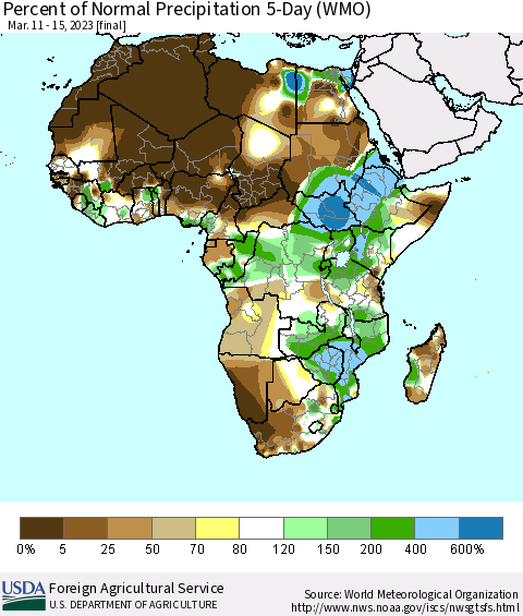 Africa Percent of Normal Precipitation 5-Day (WMO) Thematic Map For 3/11/2023 - 3/15/2023