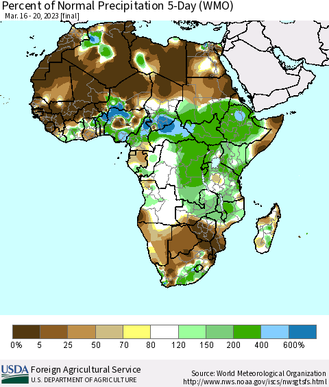 Africa Percent of Normal Precipitation 5-Day (WMO) Thematic Map For 3/16/2023 - 3/20/2023