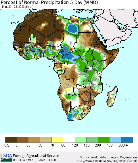 Africa Percent of Normal Precipitation 5-Day (WMO) Thematic Map For 3/21/2023 - 3/25/2023