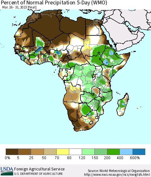 Africa Percent of Normal Precipitation 5-Day (WMO) Thematic Map For 3/26/2023 - 3/31/2023