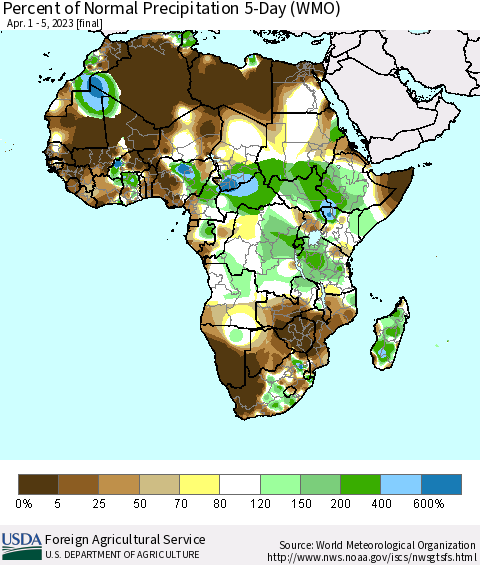 Africa Percent of Normal Precipitation 5-Day (WMO) Thematic Map For 4/1/2023 - 4/5/2023