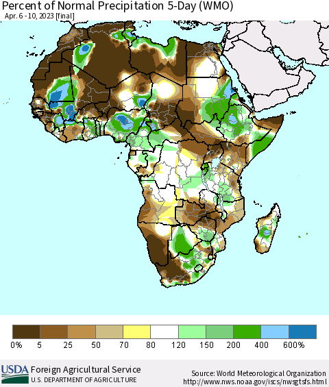 Africa Percent of Normal Precipitation 5-Day (WMO) Thematic Map For 4/6/2023 - 4/10/2023