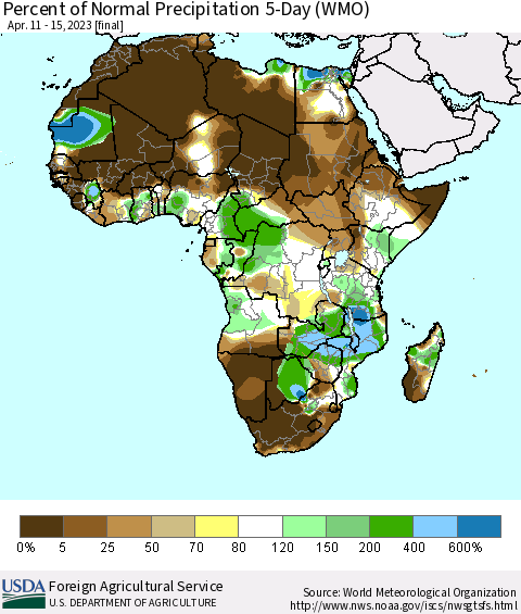 Africa Percent of Normal Precipitation 5-Day (WMO) Thematic Map For 4/11/2023 - 4/15/2023