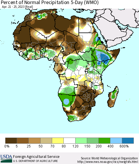 Africa Percent of Normal Precipitation 5-Day (WMO) Thematic Map For 4/21/2023 - 4/25/2023