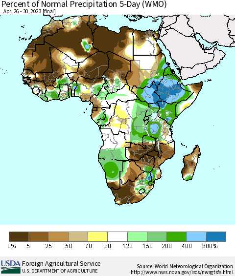 Africa Percent of Normal Precipitation 5-Day (WMO) Thematic Map For 4/26/2023 - 4/30/2023