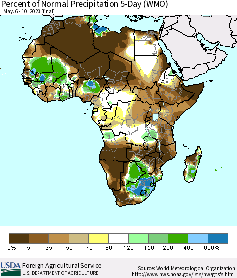 Africa Percent of Normal Precipitation 5-Day (WMO) Thematic Map For 5/6/2023 - 5/10/2023