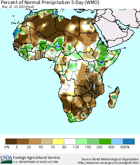 Africa Percent of Normal Precipitation 5-Day (WMO) Thematic Map For 5/21/2023 - 5/25/2023