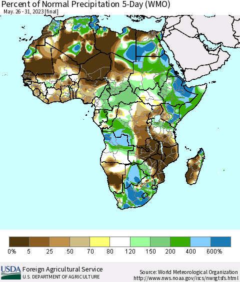 Africa Percent of Normal Precipitation 5-Day (WMO) Thematic Map For 5/26/2023 - 5/31/2023
