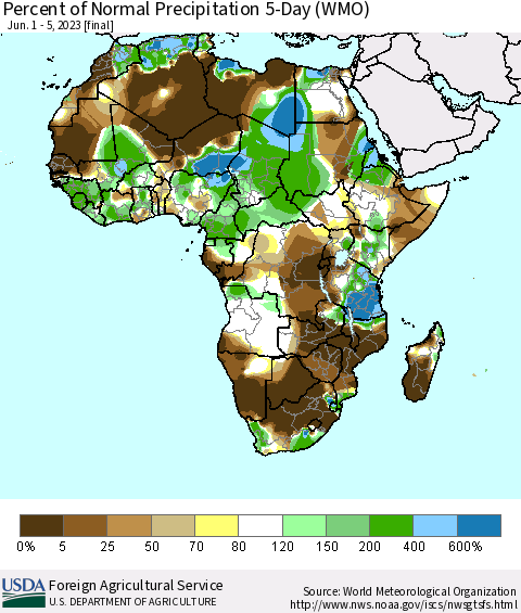 Africa Percent of Normal Precipitation 5-Day (WMO) Thematic Map For 6/1/2023 - 6/5/2023