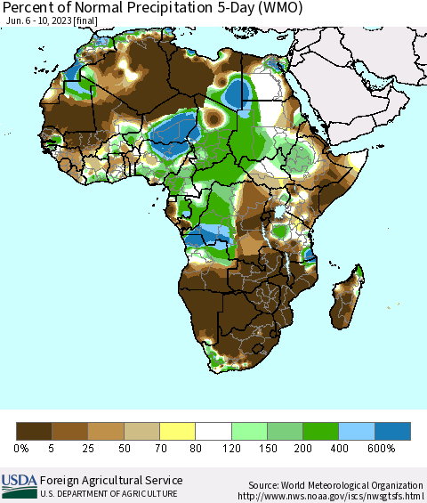 Africa Percent of Normal Precipitation 5-Day (WMO) Thematic Map For 6/6/2023 - 6/10/2023