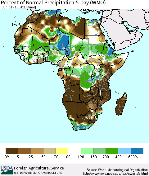 Africa Percent of Normal Precipitation 5-Day (WMO) Thematic Map For 6/11/2023 - 6/15/2023