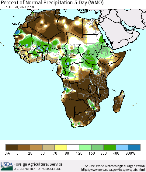 Africa Percent of Normal Precipitation 5-Day (WMO) Thematic Map For 6/16/2023 - 6/20/2023