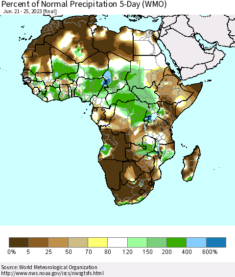 Africa Percent of Normal Precipitation 5-Day (WMO) Thematic Map For 6/21/2023 - 6/25/2023