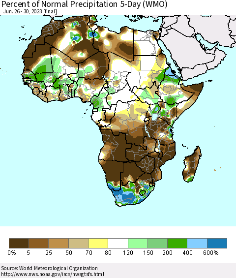 Africa Percent of Normal Precipitation 5-Day (WMO) Thematic Map For 6/26/2023 - 6/30/2023