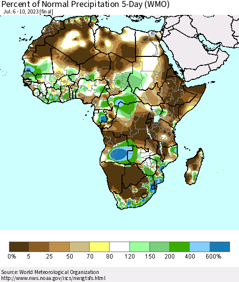Africa Percent of Normal Precipitation 5-Day (WMO) Thematic Map For 7/6/2023 - 7/10/2023