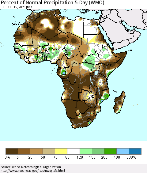 Africa Percent of Normal Precipitation 5-Day (WMO) Thematic Map For 7/11/2023 - 7/15/2023