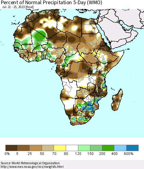 Africa Percent of Normal Precipitation 5-Day (WMO) Thematic Map For 7/21/2023 - 7/25/2023
