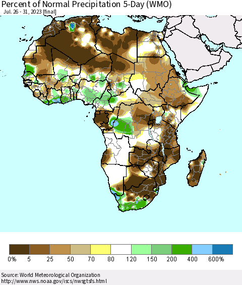 Africa Percent of Normal Precipitation 5-Day (WMO) Thematic Map For 7/26/2023 - 7/31/2023